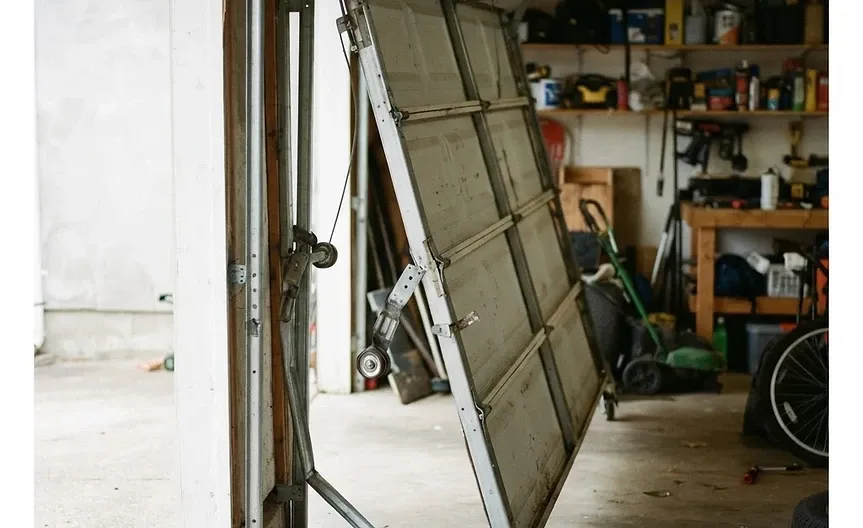 Garage door panel hanging off its track inside a garage