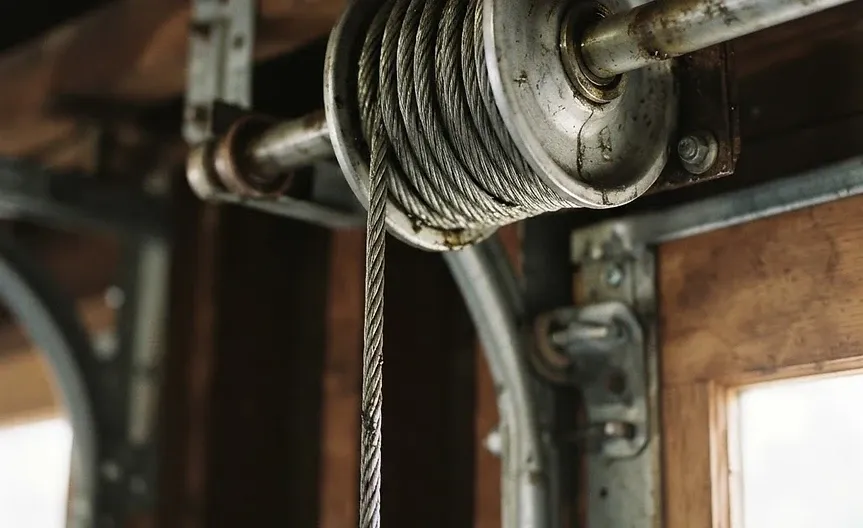 Garage door lift cable wound around a drum