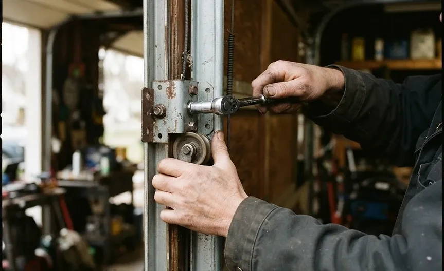 Technician tightening a garage door hinge with a ratchet